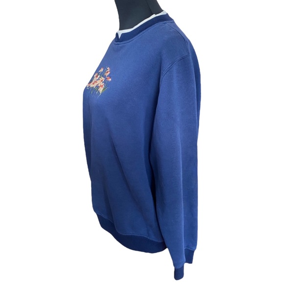 Vintage 90s Embroidered Crewneck Sweater Navy Blue Yellow Flowers Women’s Large - Picture 4 of 5
